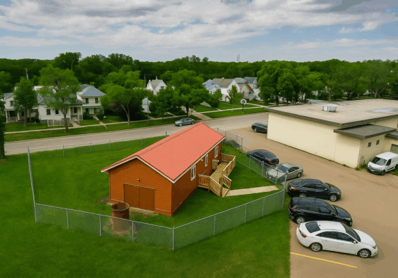 Bent Arrow Exterior Aerial shot of a brown sweat lodge
